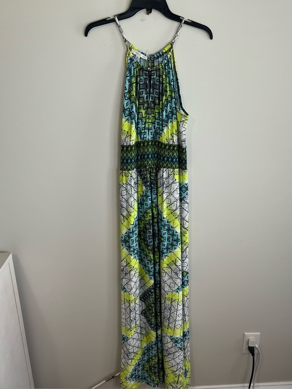 London Times Neon Green, Turquoise & White Halter Maxi Dress